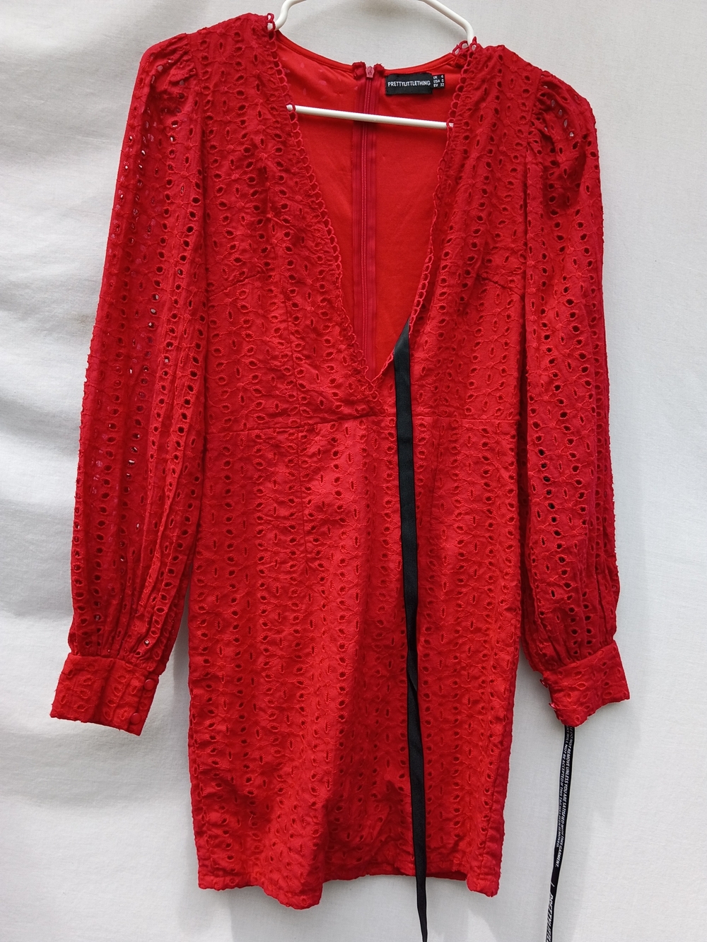 PrettyLittleThing Red Eyelet Long Sleeve Mini Dress Embroidered Coquette Y2K 4